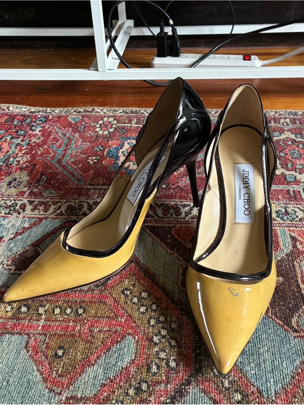 Jimmy Choo Yellow and Black Patent Pointed-Toe Stilettos